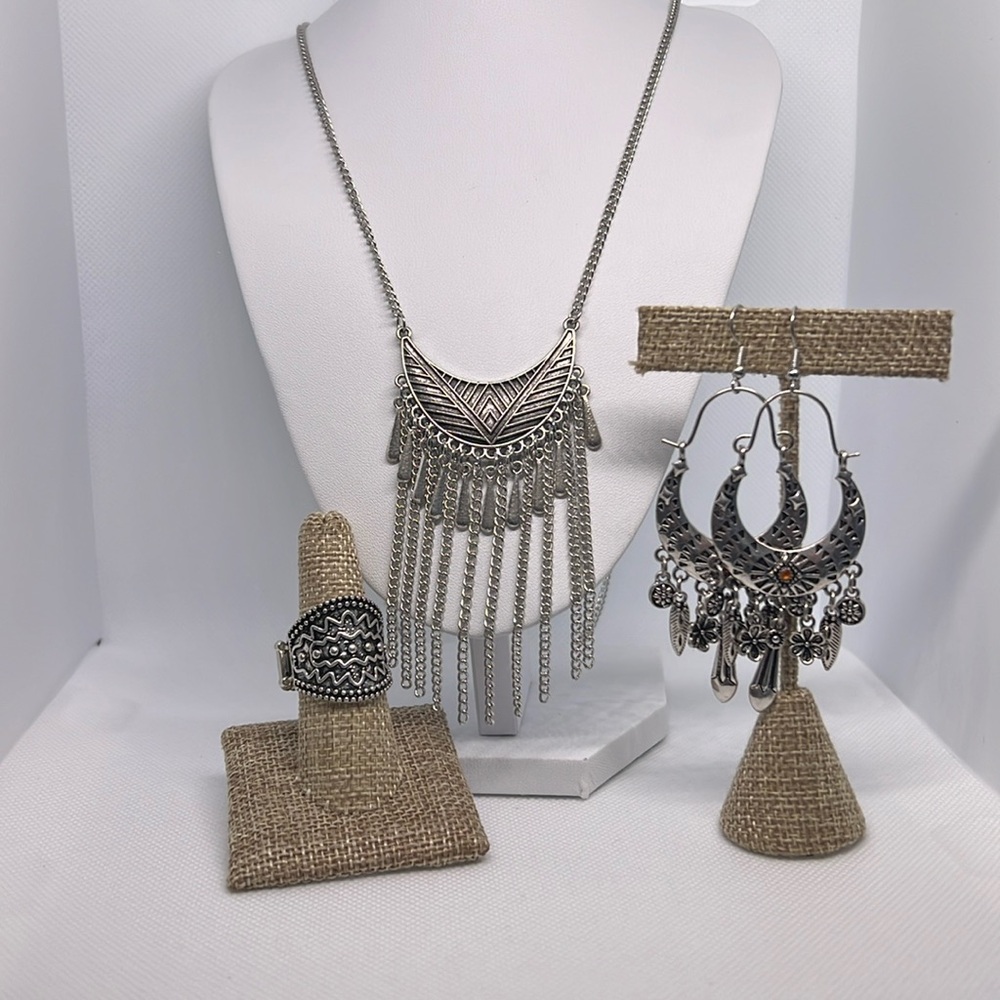 Boho Silvertone earrings, necklace, and ring set